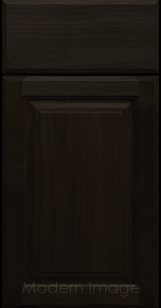 Onyx stained Hampton raised panel kitchen cabinets with flat slab drawer fronts.